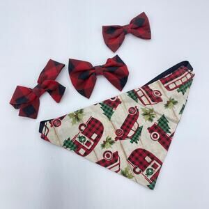 Hand Made Holiday Red Plaid Matching Bandana and Hair/Tie Clips